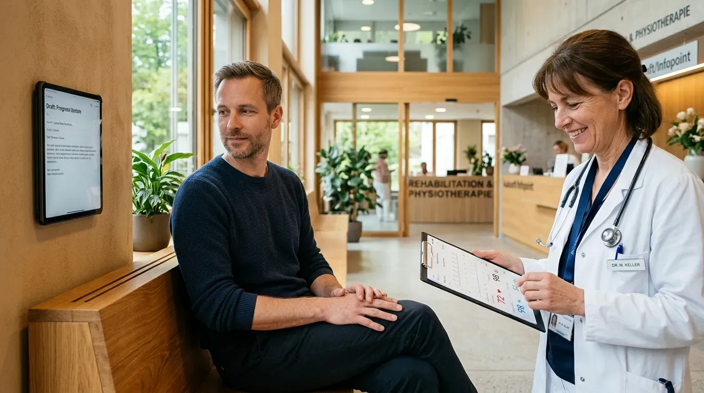 로잔 대학병원 로비 벤치에 앉아 물리적인 터치 없이 대뇌 피질 BCI 신호만으로 벽면 태블릿 화면을 제어하며 이메일을 작성하는 마르쿠스 켈러와 담당 의료진의 일상 모습