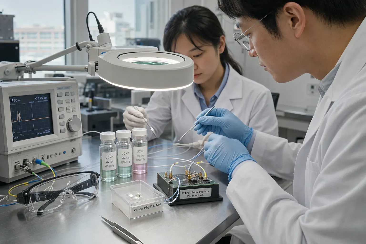 청정한 바이오광학 연구실의 작업대 위에 투명한 각막 인레이 시제품, 센서가 내장된 보호안경, 란타넘족 나노입자 변환층 샘플, 망막 신경 인터페이스 모형과 측정 장비가 놓여 있는 모습