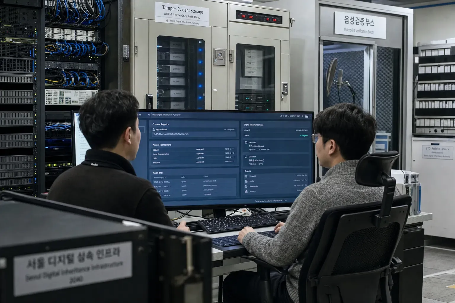 디지털유산 등록 기술실에서 엔지니어들이 동의 범위와 공동 승인 해시를 검증하며 보안 서버 랙과 음성 합성 워터마크 분석 화면, 원본 기록 보관 장치가 배치된 실용적인 인프라를 점검하는 모습