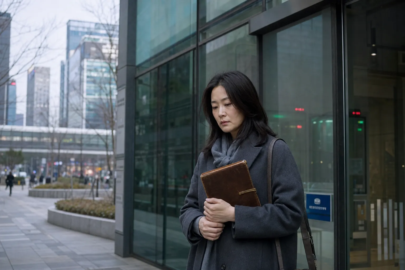 2040년 서울 마곡 디지털유산심판원 앞 유리 외벽에 비친 청색 기관 표지와 내부 대기실의 흐릿한 상태 표시 화면을 바라보며 낡은 가죽 수첩을 두 손으로 들고 서 있는 박서연의 뒷모습을 담은 현실적인 다큐멘터리 사진